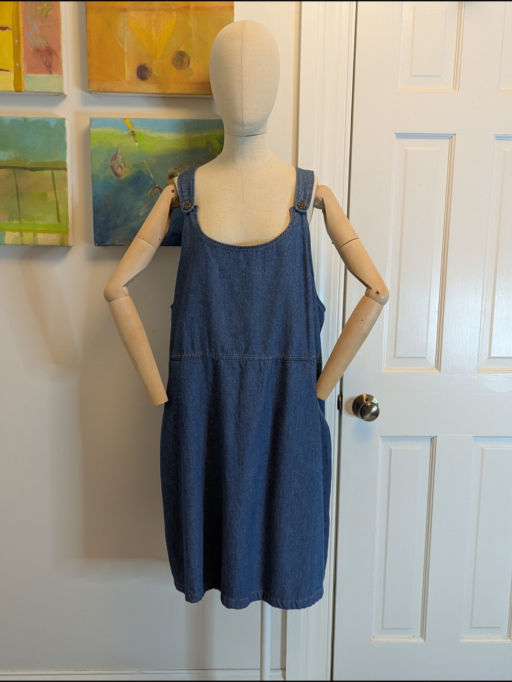 1990s Y2K Vintage Vermont Country Store Chambray Pinafore Dress in Classic Blue